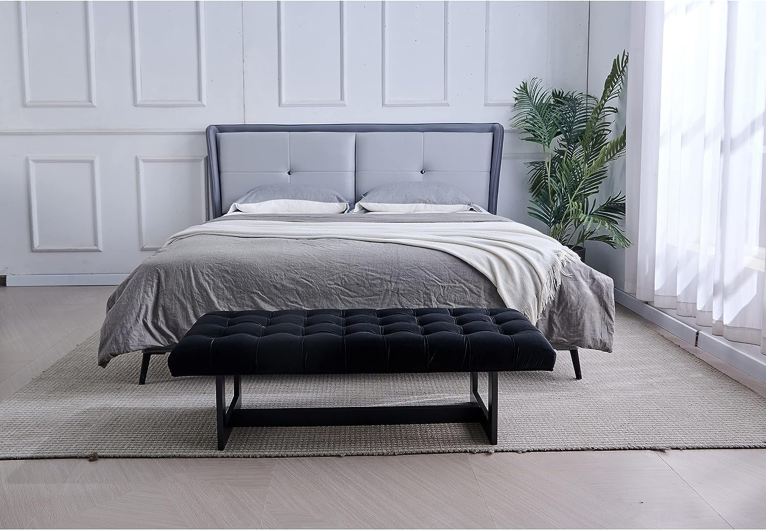 Nathaniel Home 48'' Button-Tufted Kids Ottoman, Upholstered Bedroom Benches, Vegan Leather Footrest Stool Accent Bench, for Living Room End of Bed Black