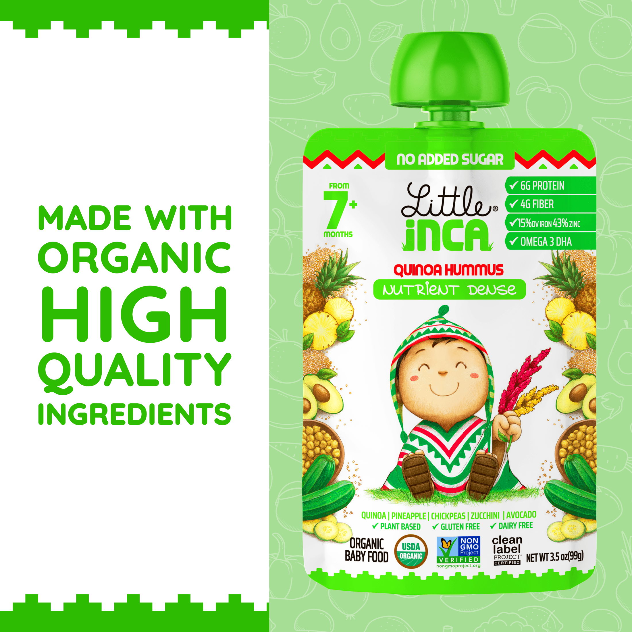 Little Inca Stage 2 Baby Food Pouches, Quinoa Hummus Baby Puree, Plant Based High Protein, Dairy-Free, 6 x 3.5oz
