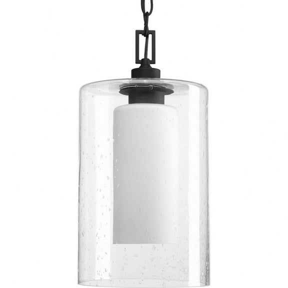 Progress Lighting Compel 1-Light Outdoor Hanging Lantern, Black Finish, Seeded Glass Shade