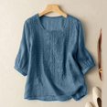 thumbnail image 3 of ZHAOCHENG Blusa informal holgada de color liso con mangas 3/4 y cuello redondo con bordado floral de verano para mujer, 3 of 4