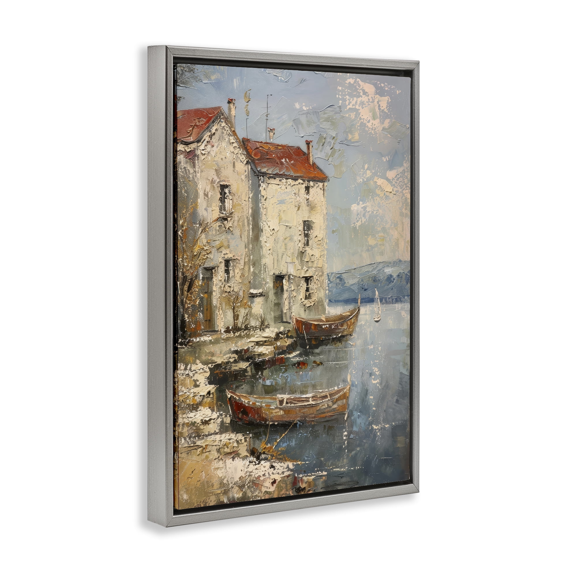 Stupell Industries Red Townside Boats Scenic & Cityscapes Painting Gray Floater Framed Canvas Art Print Wall Art, 17 x 25