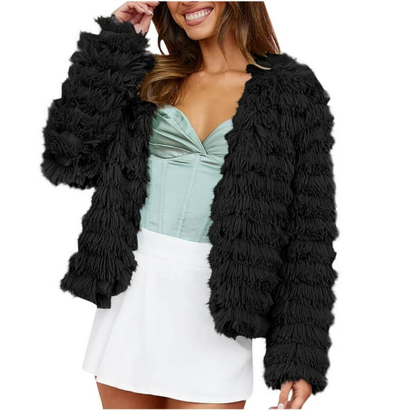 Elabch Womens Faux Fur Coat Winter Shaggy Casual Plus Size Jackets Warm Fuzzy Outerwear Black M