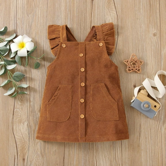 XIMIN Kids Baby Girl Cute Dress Toddler Girls Solid Color Corduroy Fly Sleeved Halter Dress for Baby Girl Dress up Semi Formal Clothes (2-3 Years, Brown)