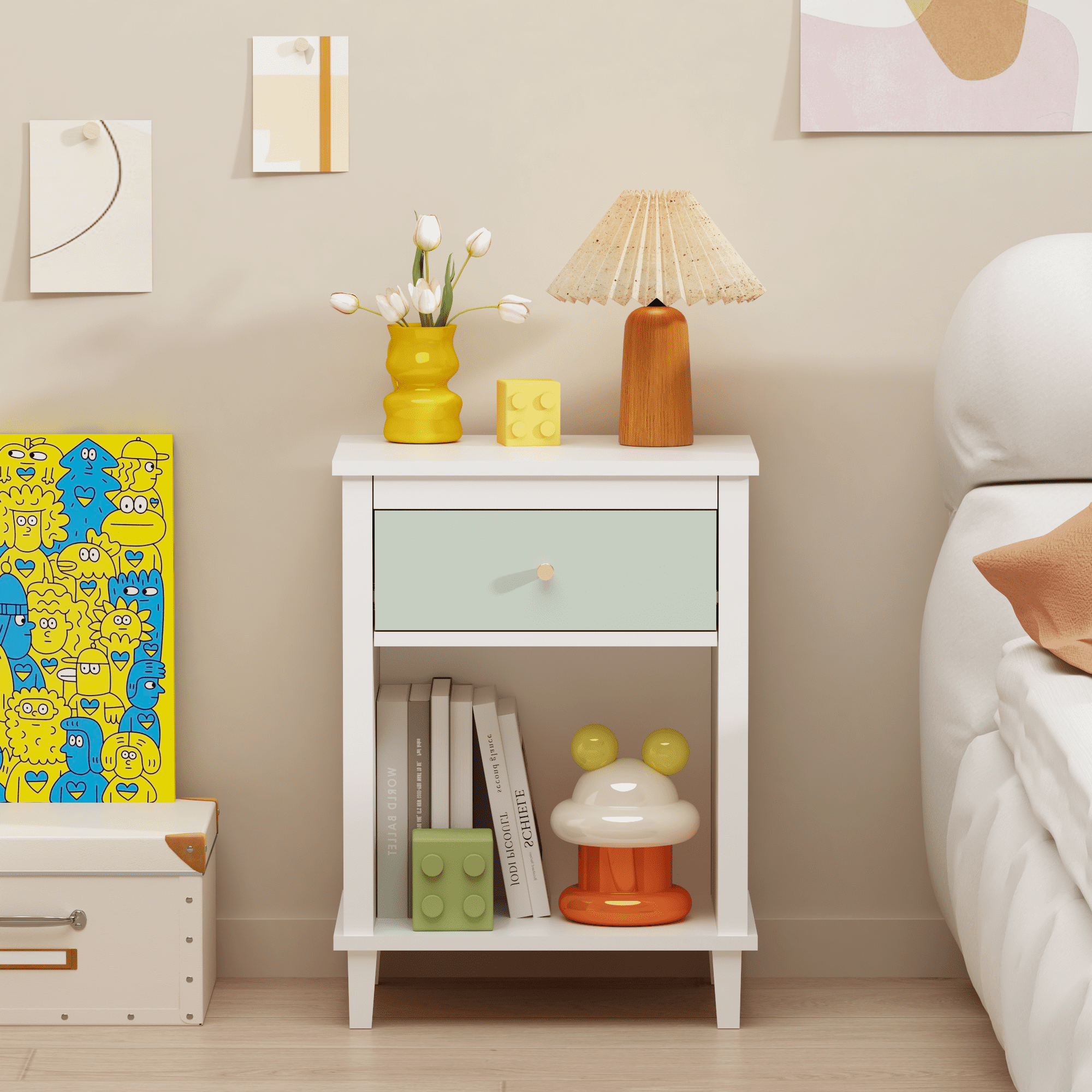 Wooden Nightstand with One Drawer & One Shelf for Kids,Adults,26.77''H,Green