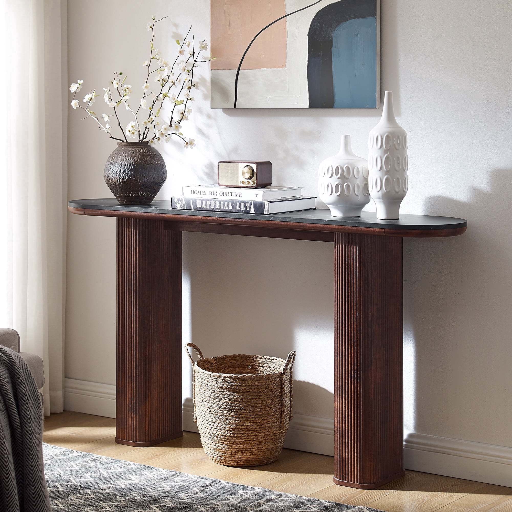 KeyWhat 63" Entryway Console Table with Fluted Wood Base, Modern Sofa Table Behind the Couch for Living Room, Hallway, Entrance, Foyer, Dark Walnut