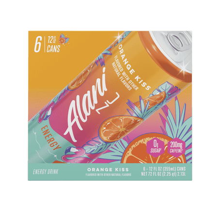 Alani Nu Sugar Free Energy Drink Orange Kiss 12 fl oz 6 Pack Cans 200mg Caffeine - pack of 2