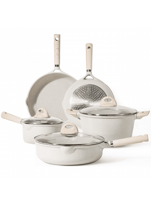 Carote Nonstick Pots and Pans Set, 8 Pcs Induction Kitchen Cookware Sets (Beige Granite)