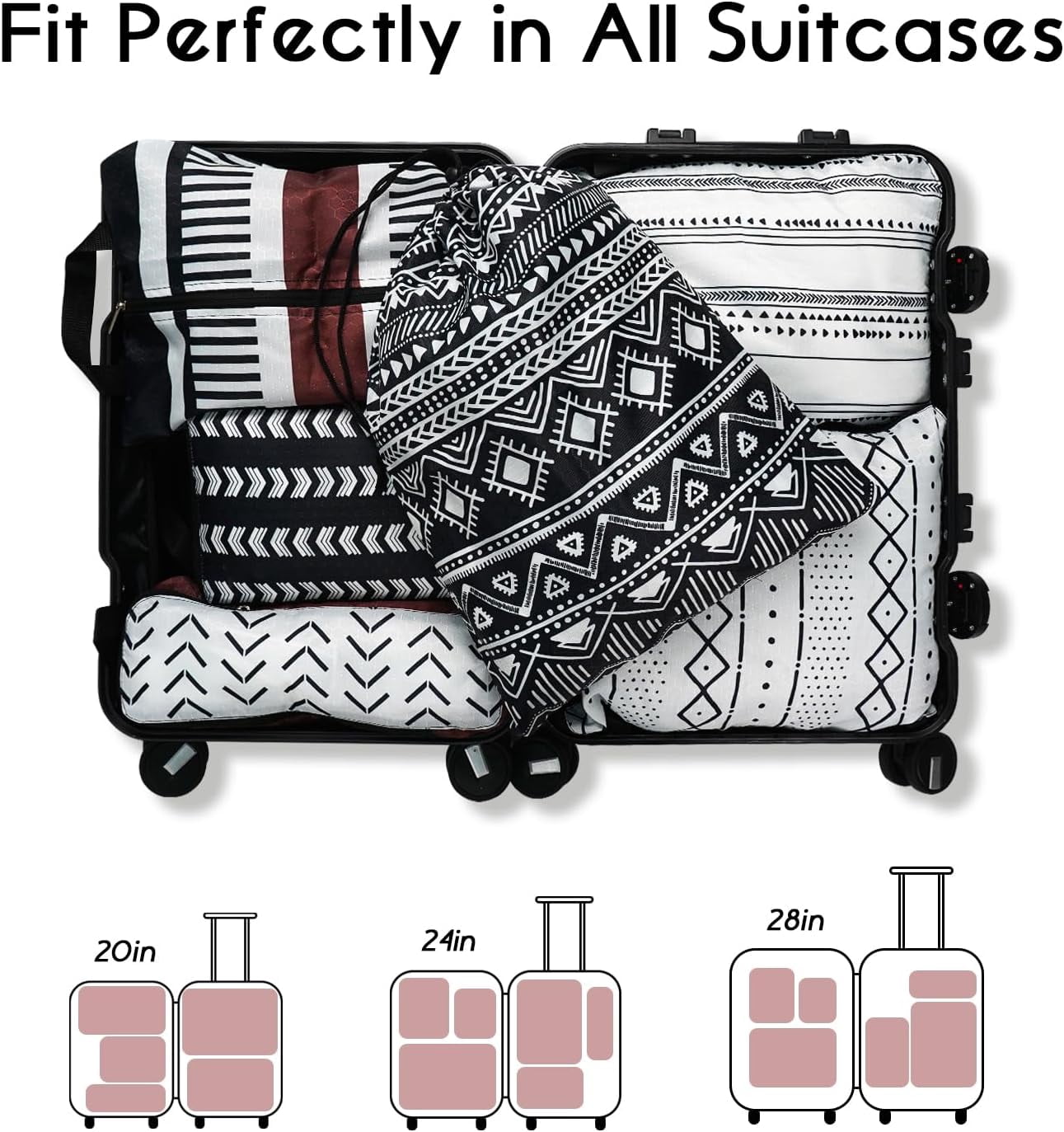 6 Set Compression Packing Cubes for Travel,Bohemia Packing Cubes for Suitcase Luggage Organizer Bags,Travel Essentials for Carry on Backpack,Ultralight and Waterproof(Modern Boho Geometric Black)