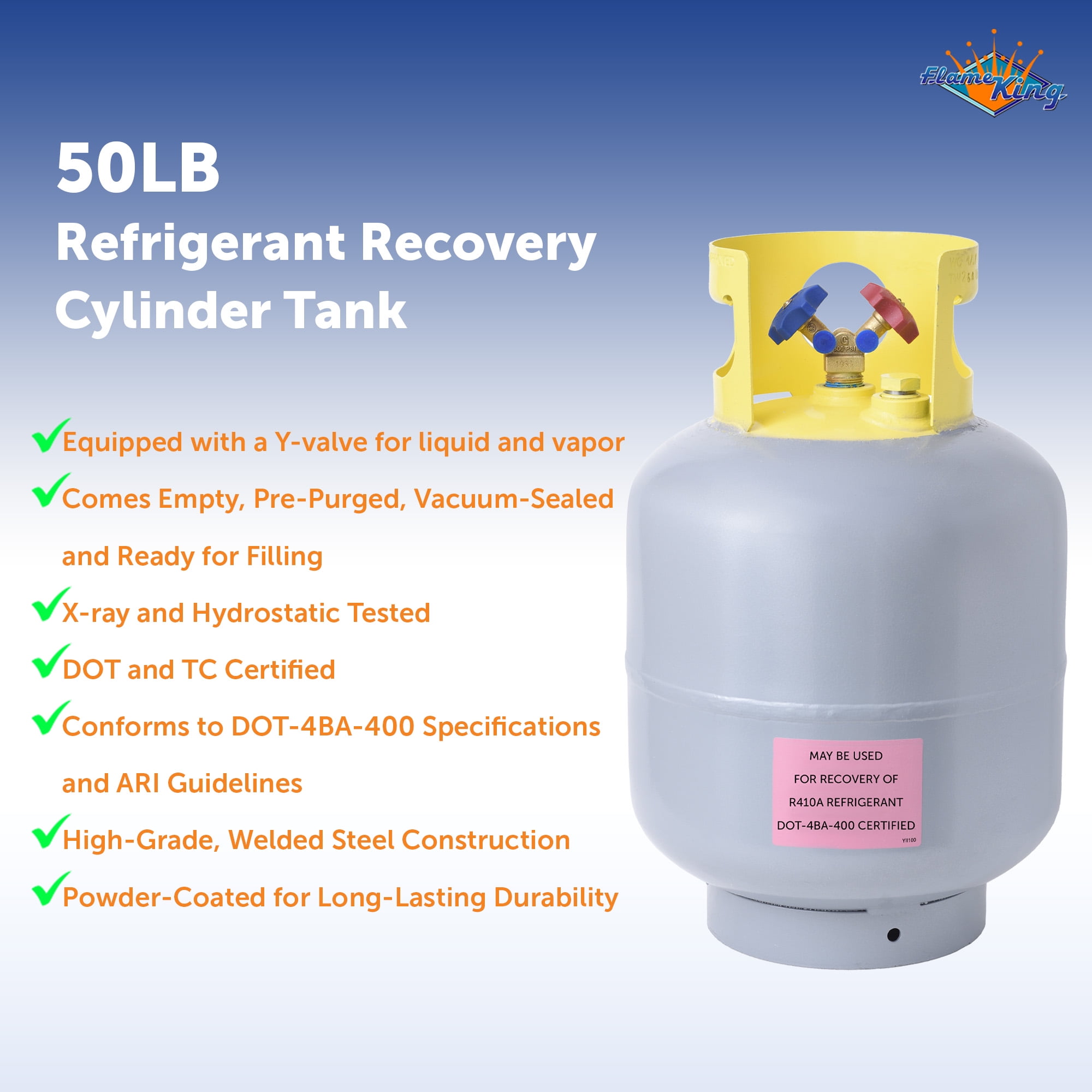 Flame King Refrigerant Recovery Empty Propane Tank, DOT Approved Propane Cylinder, 50Lbs, Gray
