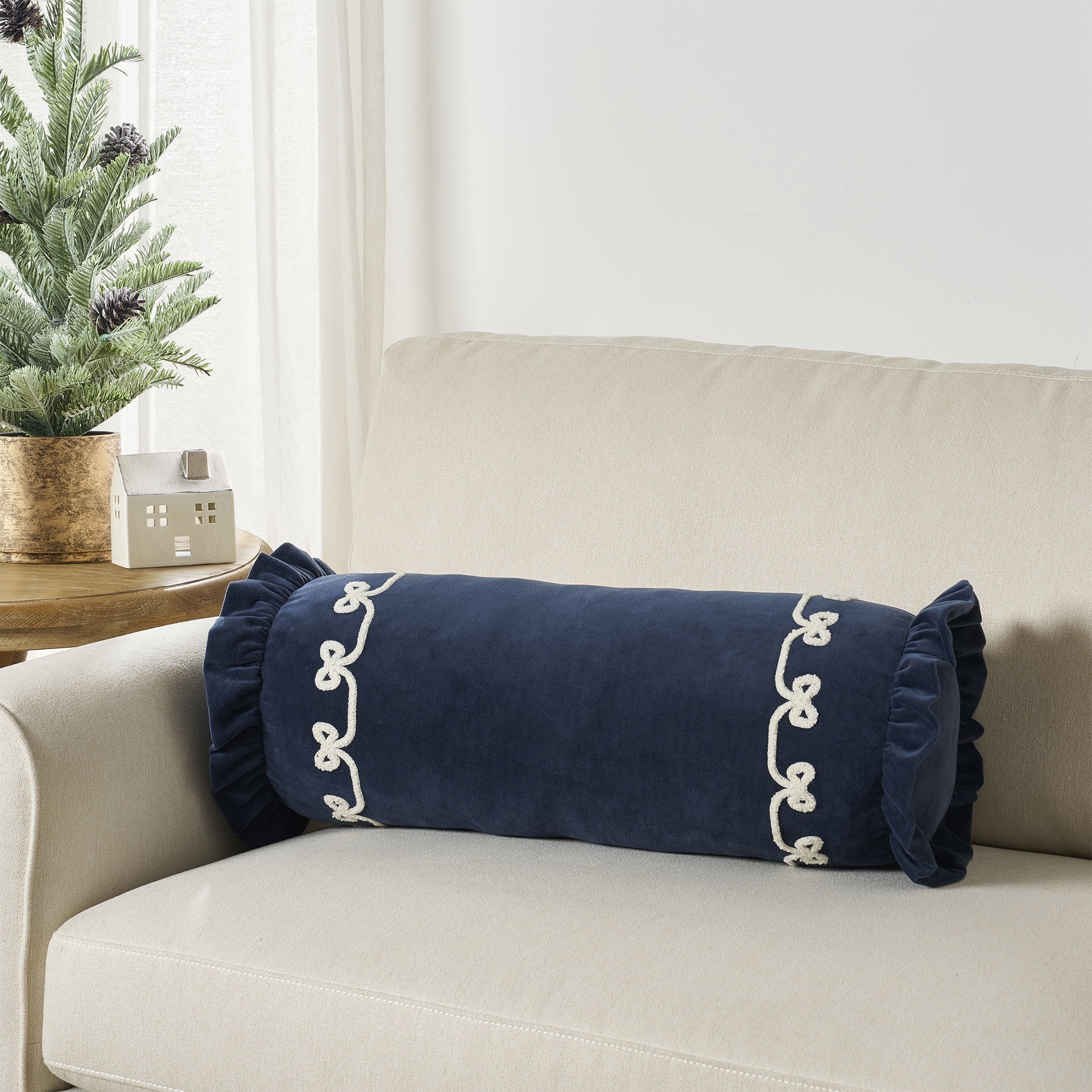 My Texas House 8" x 22" Navy Velvet Ruffle Bolster Decorative Pillow