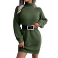 thumbnail image 2 of Ediodpoh Women Fashion Casual Long Sleeve Solid Knit Turtleneck Puff Sleeve Ribbed Short Dress Sweater Dress with Buttons for Fall Army Green M, 2 of 8