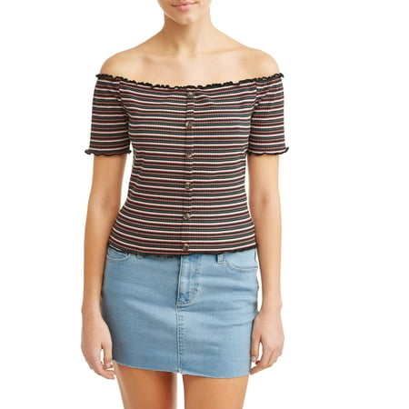 Juniors' Striped Button Front Off the Shoulder Rib Knit Top