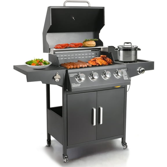 Polar Aurora Propane Gas Grill 4-Burners a Side Burner, Side Table, Steel Grill Cart for Garden Outdoor Cooking Picnic