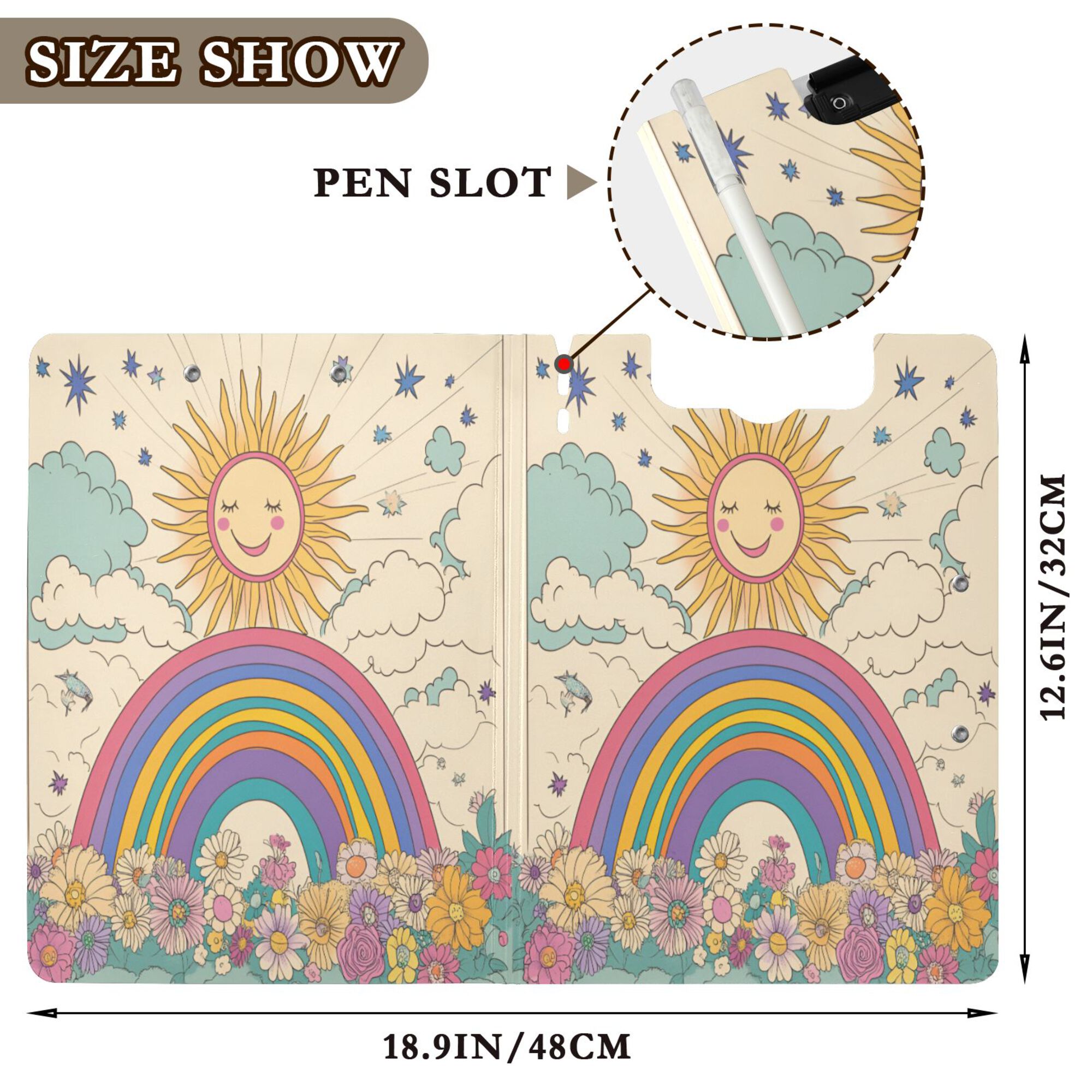 FORMRS A4 Clipboard Folder with Pen Holder Horizontal Foldable School Office Binder, Beige Rainbow