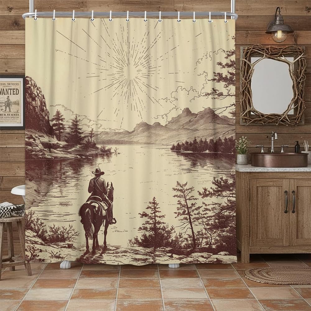 Western Cowboy Shower Curtain, Retro Country American Wild West Cowboy Riding Horse by The River Hand Drawn Fabric Shower Curtain for Bathroom Home Decor,47X64