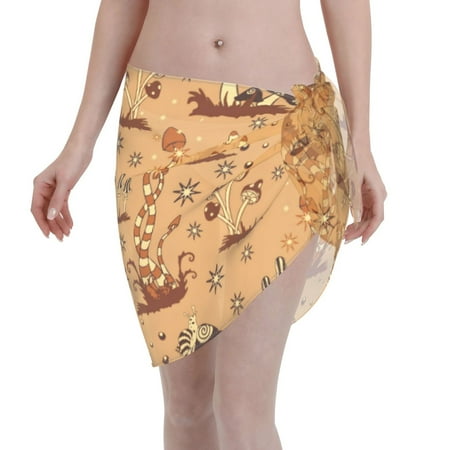 Qekee Brown Mushrooms Women s Short Sarongs Cover Ups Sheer Bikini Wraps for Swimwear