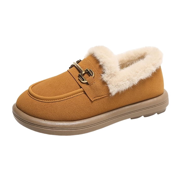 Women's Fleece Lined Cotton Casual Shoes Closed Toe Slip On Fuzzy Loafers Fuzzy Plush Non Slip Platform Home Shoes Brown Size 8.5