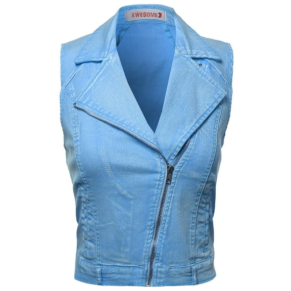FashionOutfit Women's Washed Sleeveless Rider Style Jacket Vests