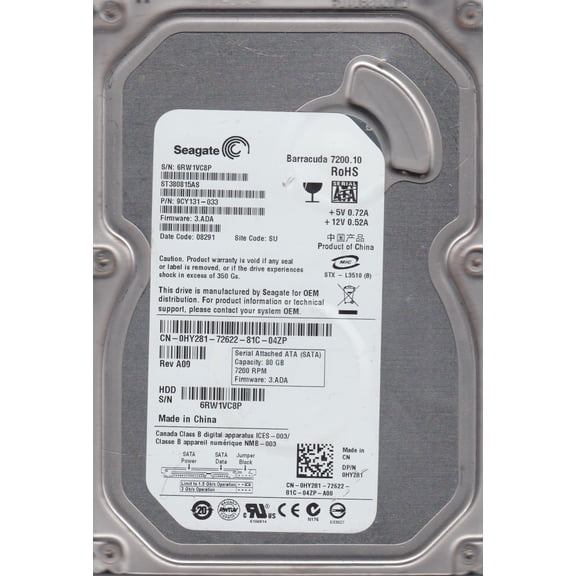ST380815AS, 6RW, SU, PN 9CY131-033, FW 3.ADA, Seagate 80GB SATA 3.5 Hard Drive