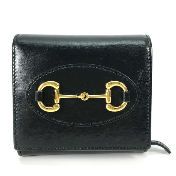Pre-Owned GUCCI 621891 Compact Horsebit Medium Wallet, Bifold Leather, Women's, Black (Good)