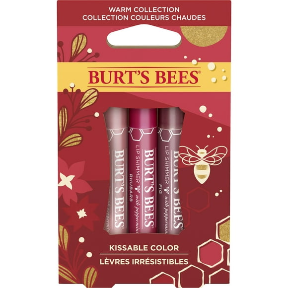 Burt's Bees Kissable Color Holiday Gift Set, Lip Shimmers in Peony, Rhubarb and Fig, 3 Tubes