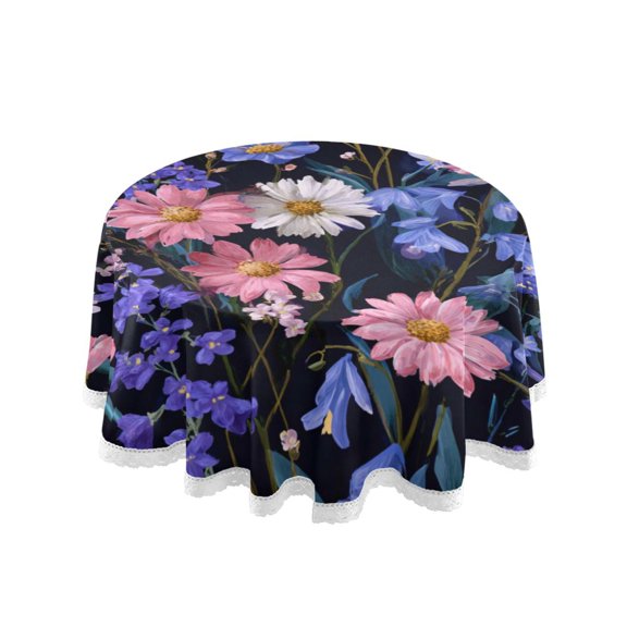 Round Single Sided Printed Tablecloth, 60 Inch Polyester Round Table Cover with White Lace Trim, Wrinkle Resistant Decorative Table Cloth for Home Pink Flowers Lovely