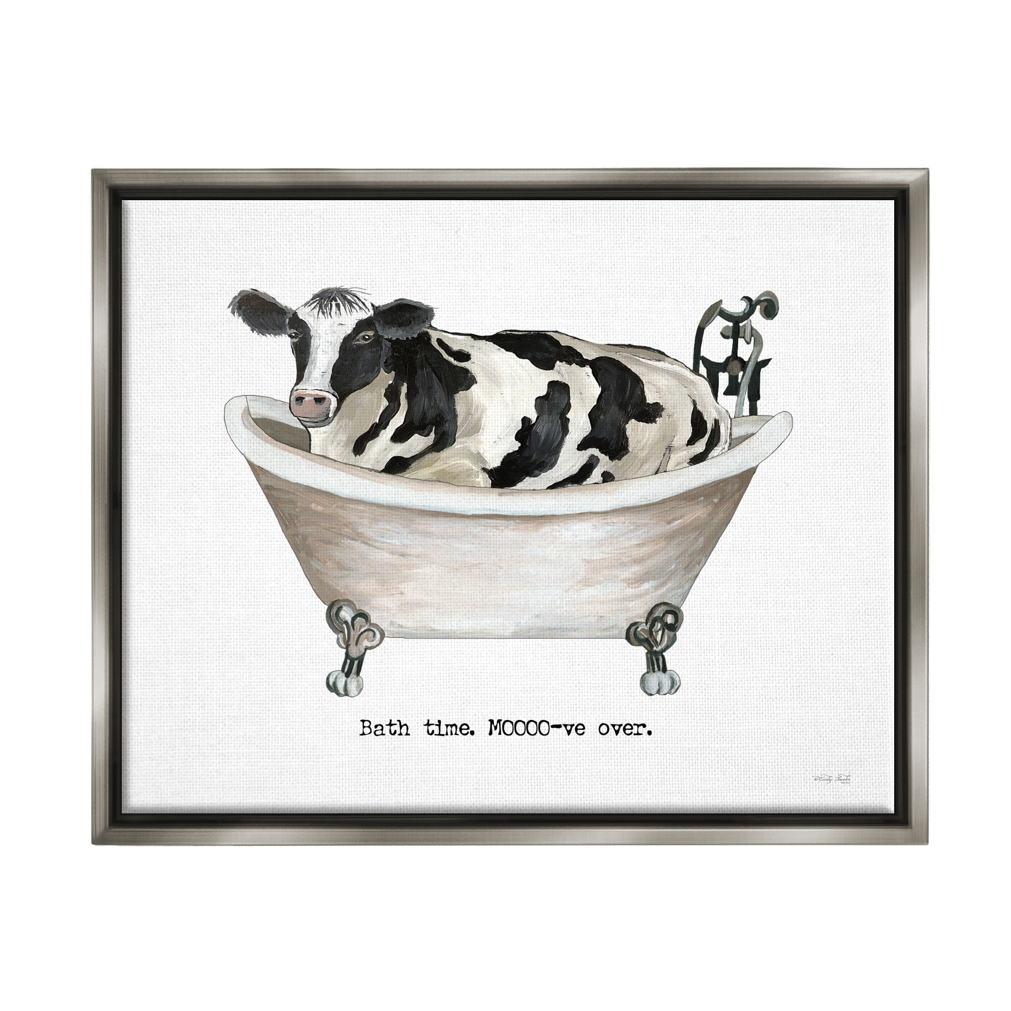 Stupell Industries Moo-ve Over Bath Time Cow Farmhouse Bathroom Sign Graphic Art Luster Gray Floating Framed Canvas Print Wall Art, Design by Cindy Jacobs