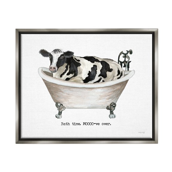 Stupell Industries Moo-ve Over Bath Time Cow Farmhouse Bathroom Sign Graphic Art Luster Gray Floating Framed Canvas Print Wall Art, Design by Cindy Jacobs