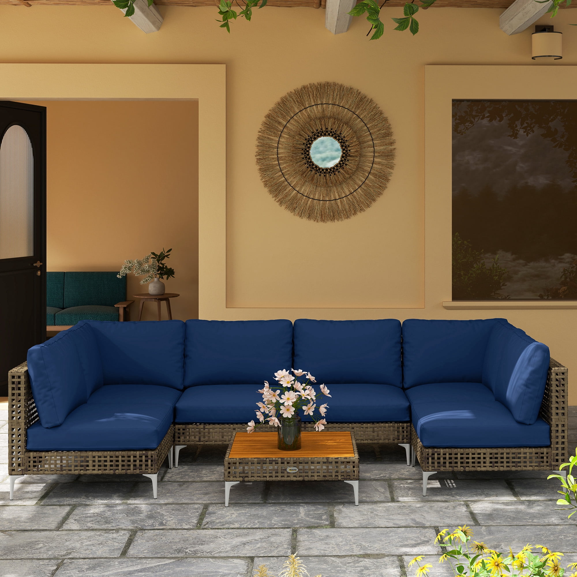 Outsunny 7 Piece Wicker Patio Furniture Set, Modular Outdoor Sectional Conversation Set with Thickened Cushions, Acacia Wood Table, Brown/Dark Blue