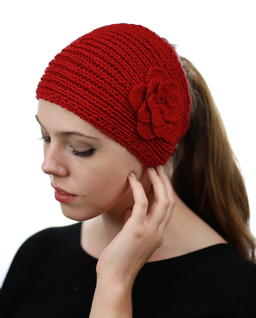 Knit Winter Headband Head Wrap Earwarmer Red Sparkle Chunky Knit with Rhinestone Button