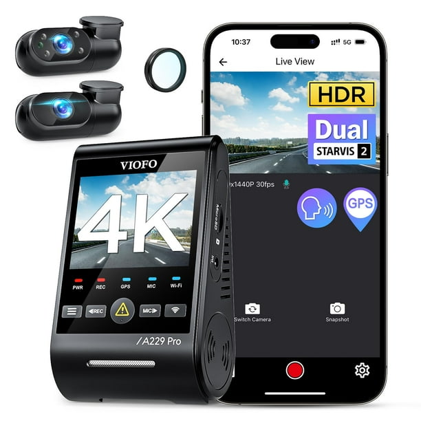 VIOFO A229 Pro 3 canales 4K HDR Dash Cam, doble STARVIS 2 sensores IMX678 e IMX675, 4K+2K+1080P cámara frontal interior y trasera triple para coche, 5GHz WiFi GPS, control de voz, modo de