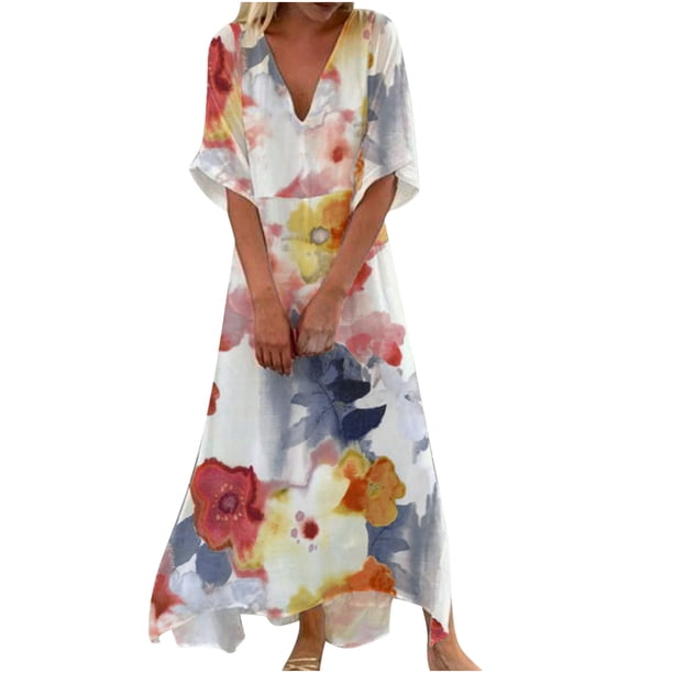 Vestido largo de Vacaciones Odeerbi para mujer con Cuello en V manga corta estampado
