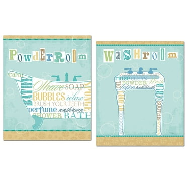Powder Room and Washroom Typography Set by Pela Studio; Two 11x14in Poster Prints. Teal/Tan