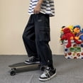 thumbnail image 4 of Men Solid Cargo Pants Straight Cylinder Loose Leg Waist Drawcord Street Trousers, 4 of 11