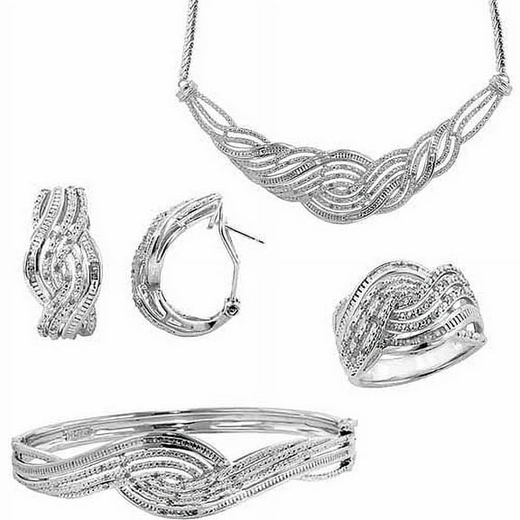 1.00 Carat T.W. Round White Diamond Rhodium plated Ring, Earrings, Bangle and Necklace Set, 17"