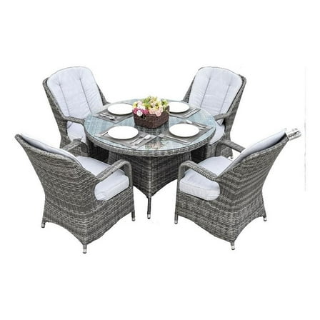Pemberly Row Patio 5Pcs Gray Round Aluminum Rattan Outdoor Dining Set w/ Chairs