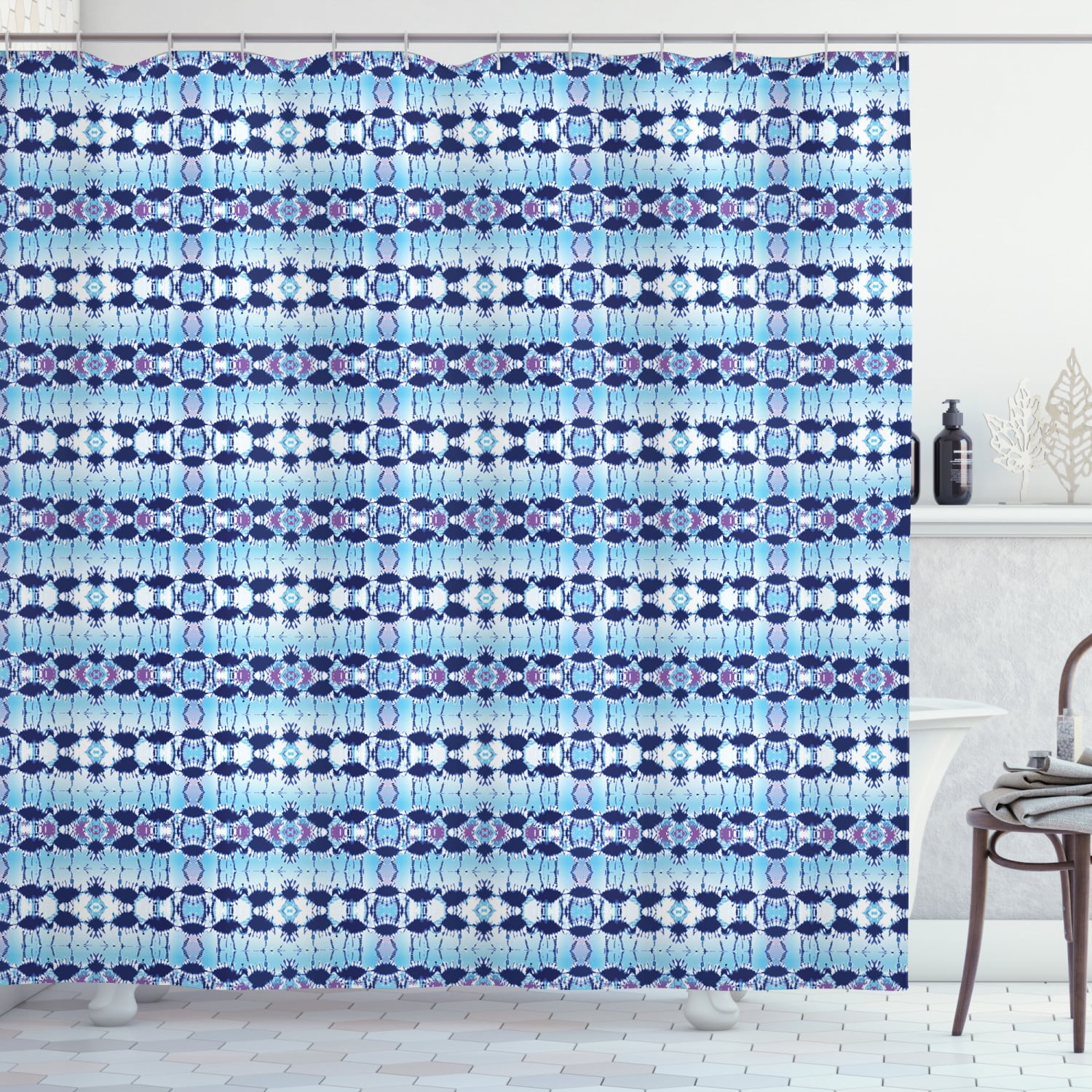 Tie Dye Shower Curtain, African Asian Pattern in Blue Shades
