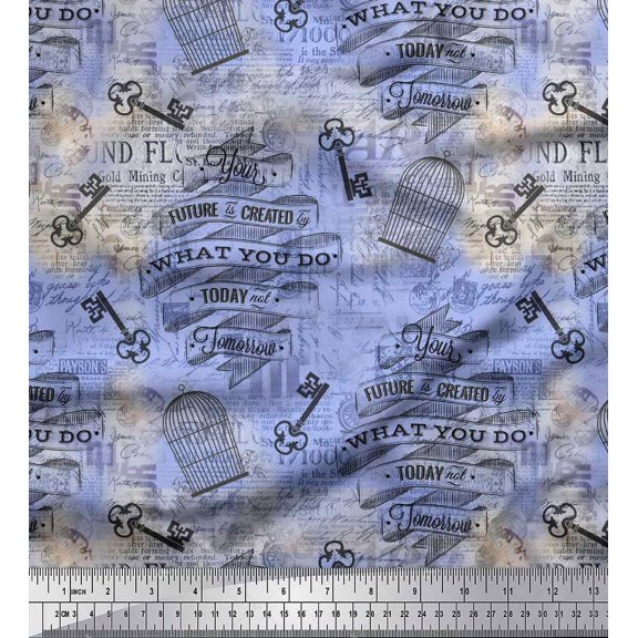 Soimoi Blue Cotton Duck Fabric Cage & Text Print Fabric by the Yard 42 Inch Wide