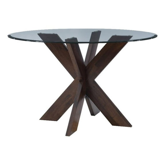 Linon Hale Dining Table Criss Cross Base and Round Glass Top in Espresso Brown