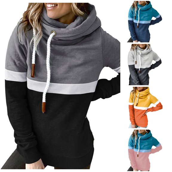 Likimi hoodies For Women Drawstring Long Sleeve hooded Sweatshirt High Neck Color Block Autumn Winter Soft Comfortable Pullover Black Size L