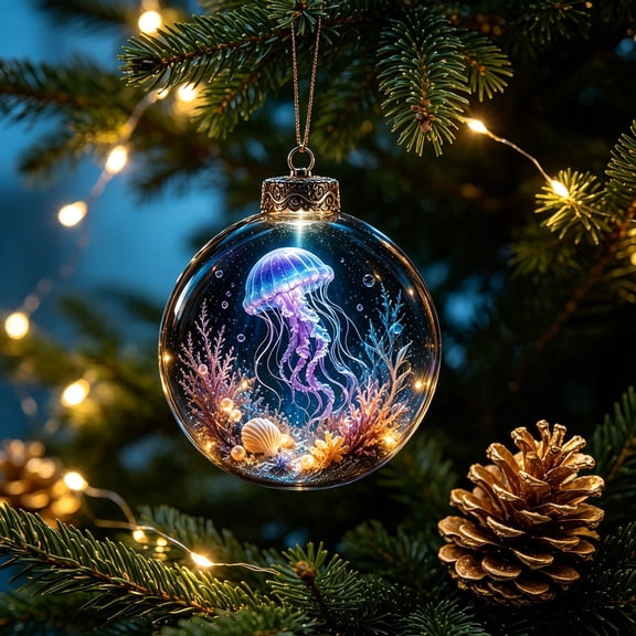 KKOUHVY Acrylic Christmas Ball Ornaments, Underwater Sea Xtmas Tree Decorations with jellyfish, Glowing Hanging LED Light Christmas Balls