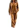 thumbnail image 2 of BRELIL Women Velvet V Neck Long Sleeve Pullover Tops Wide Leg Pants Two Piece Lounge Matching Set Casual Loose Solid Vacation Travel Outfits, Gold L, 2 of 7