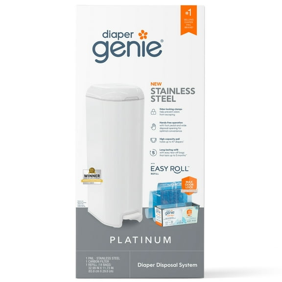 Diaper Genie Platinum Pail,White,Stainless Steel, 1 Diaper Pail,1 Easy Roll 18 Bags, Infant