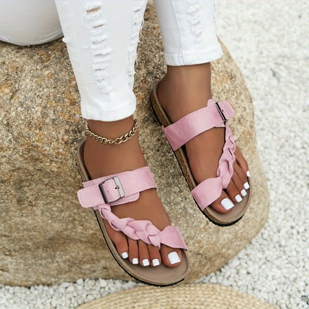 

Women s Toe Loop Cork Slides Braided Buckle Strap Open Toe Non Slip Shoes Roman Style Beach Flat Sandals