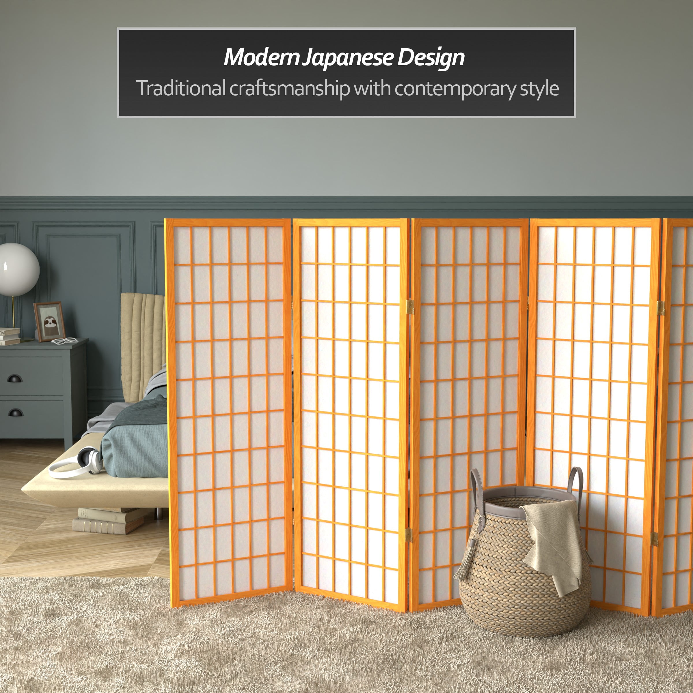 4 ft. Tall Window Pane Shoji Screen - Honey - 5 Panels