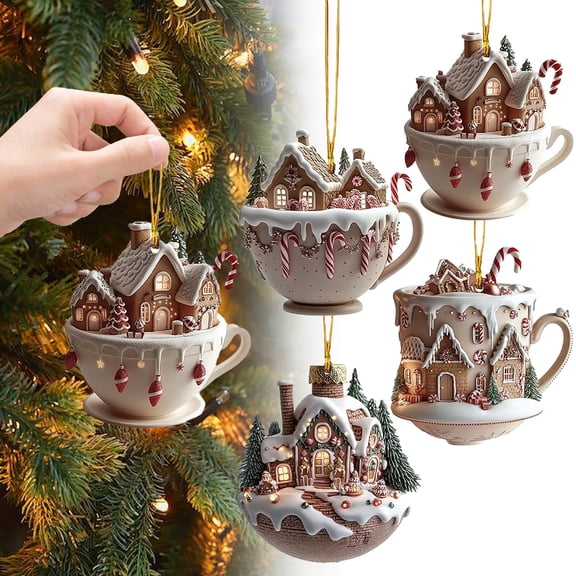 Clearance Under $1 Set of 4 Coffee Cup House Green Plant Ornaments, Christmas Tree Decorations