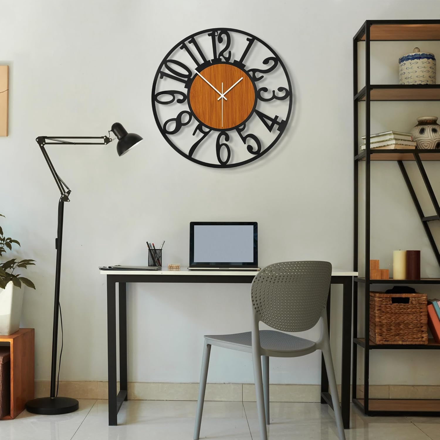 OMA Large Round Wall Clock for Living Room Decor Battery Operated Non Ticking Black Metal Wood Clocks for Home Living Room Garden Office Kitchen Decoration -24 inch