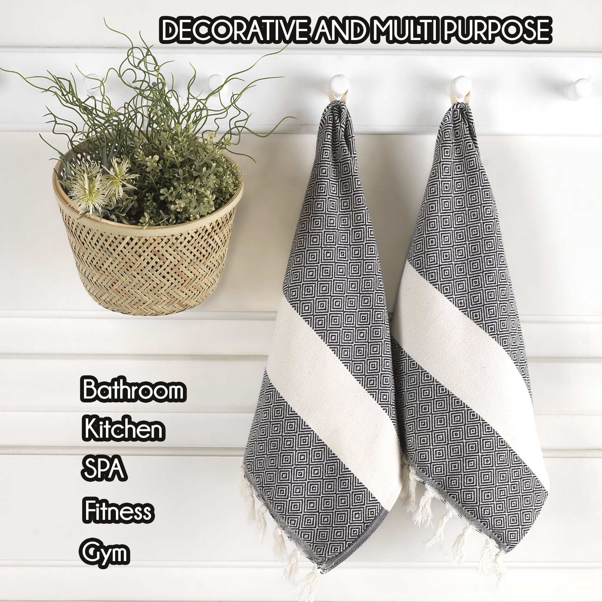 Wear Sierra Turkish Cotton Hand Towels, Soft & Absorbent, Black, Set of 2, 19x39 Inches