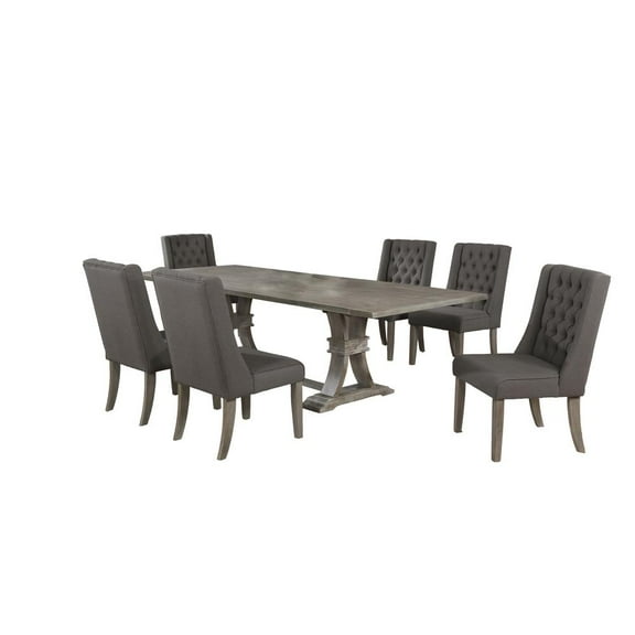 Rustic Gray Wood 7pc Dining Set with Table and Gray Linen Chairs