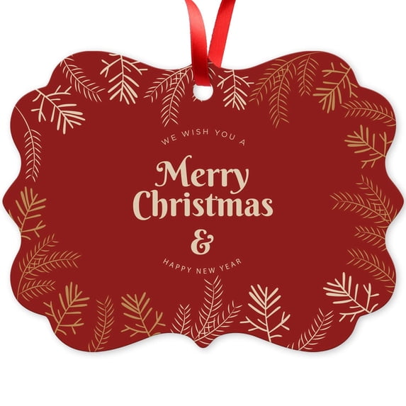 Soul Décor Christmas Decoration, We Wish You A Merry Christmas & Happy New Year Ornament, Large 3.75" Rectangle Metal Ornament, Velvet Pouch Included